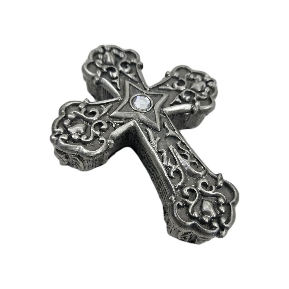 VTG  Pewter Color Ganz Cross Trinket Jewelry Prayer Box Black Enamel Lined MINT